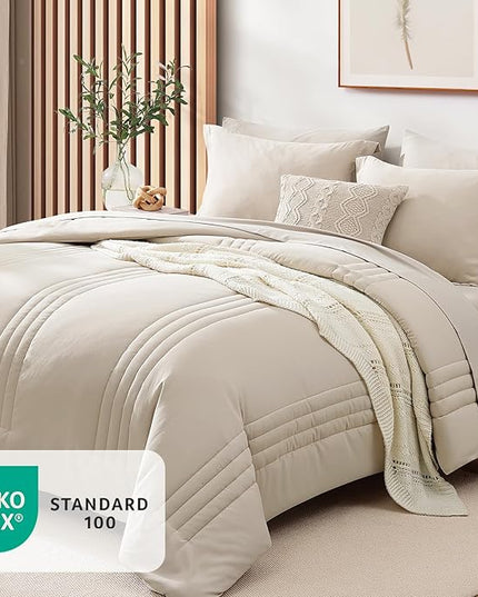 Monbix Full Size Comforter Set - 7 Pieces Beige Bed in a Bag Full Size Bedding Sets with Comforters, All Seasons Comforter with Sheets,Pillowcases & Shams