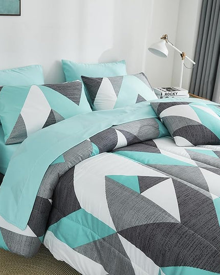 Bedbay Teal Comforter Set with Sheets Lightweight Summer Comforter Queen Size Bed in a Bag Geometric Chevron Bed Set Bedroom Decor Aesthetic Grey and Turquoise Down Comforter Set (Teal&Grey,Queen)