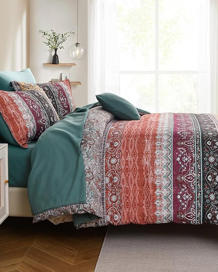 Cottolester Boho Queen Comforter Set 8 Pieces,Orange and Green Bohemian Striped Bed in a Bag,Paisley Soft Microfiber Bedding Comforter Set