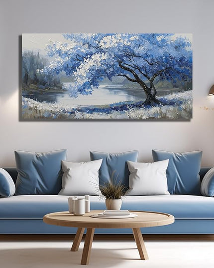 JuhaiArt Scenery Picture Wall Decorations Large Tree Wall Art Blue Canvas Wall Art for Living Room Bedroom Office White Poster 29"x 59"