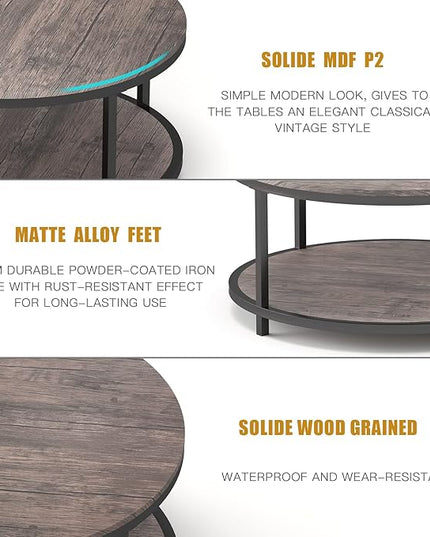 NSdirect Round Coffee Table,36" Coffee Table for Living Room,2-Tier Rustic Wood Desktop with Storage Shelf Modern Design Home Furniture(Light Walnut)