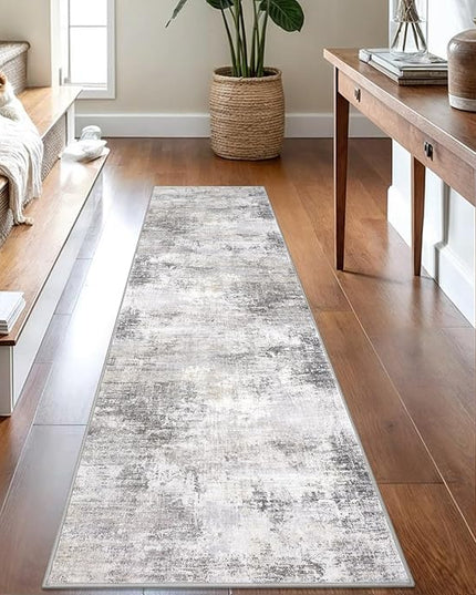 IOHOUZE Abstract Runner Rug 2x8 Ft Washable Runners for Hallways, Non Slip Kitchen Runner Printed Faux Wool Entryway Runner Indoor, Modern Abstract Floor Carpet for Hall Kitchen Bedroom, Grey Beige