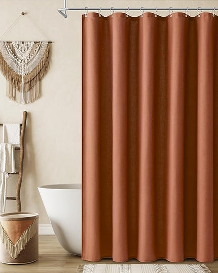 Naturoom Terracotta Linen Shower Curtain, Country Boho Farmhouse Bath Decor Shower Curtains Neutral Cloth Weighted Textured Fabric Bath Curtain Liner with Hooks, 72x96