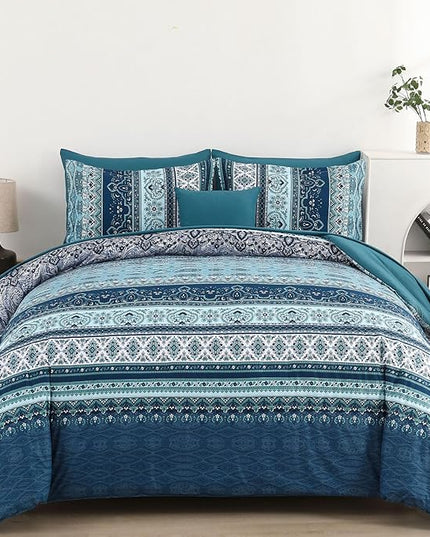 Cottolester Boho Comforter Set California King Size 8 Pieces, Teal Blue Comforter Bohemian Striped Bed in A Bag, Soft Microfiber Bedding Set for All Seasons