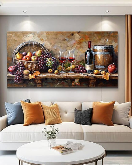 XIGUANGART Kitchen Wall Art Grape Barrel Painting Red Wine Glass Fruit Artwork Prints for Dinning Room Bar Canvas Wall Decor for Living Room Food Still Life Abstract Picture Home Decoration 20x40IN