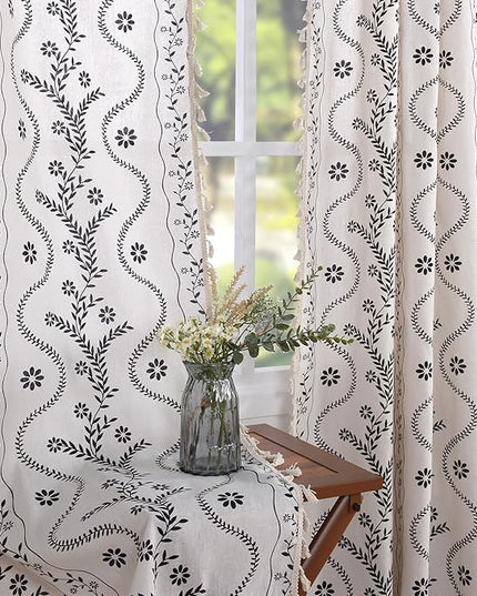 Boho Curtains 2 Panels Set, Farmhouse Linen Semi Sheer Floral Curtains for Living Room, 84 Inches Long Vintage Printed Patterned Curtain with Tassels Rustic Country Curtain Drapes
