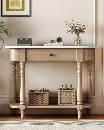 HMFULE Retro Curved Console Table, 36" Solid Wood Half Moon Console Table Sofa Table Entryway Table with 1 Drawer 1 Open Shelf Roman Legs Curved Corners for Living Room,Entryway,Hallway,White+Beige