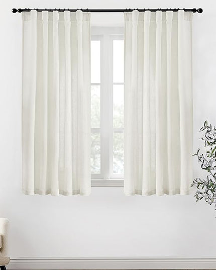 XTMYI 54 Inch Length Sheer Curtains 2 Panels Set for Bathroom,Linen Cotton Semi Privacy Boho Short Curtains for Kitchen Window Bedroom Living Room,40x54 in Long,Cream Ivory Off White