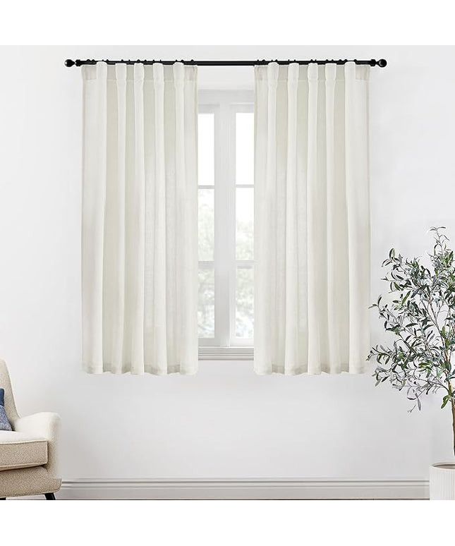 XTMYI 54 Inch Length Sheer Curtains 2 Panels Set for Bathroom,Linen Cotton Semi Privacy Boho Short Curtains for Kitchen Window Bedroom Living Room,40x54 in Long,Cream Ivory Off White