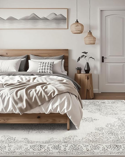 ReaLife Rugs Machine Washable Area Rug - Living Room Bedroom Bathroom Kitchen Entryway Office - Padded Low Pile Stain Resistant Premium - Boho Farmhouse Vintage - Paige - Ivory 5' x 7'