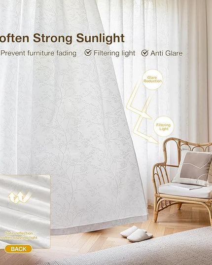Anmao White Semi Sheer Light Filtering Curtains 102 Inches Long 2 Panels, Branch Pattern Drapes for Living Room Bedroom, Rod Pocket Sheer Window Treatments with Floral Design, 52x102 Inch