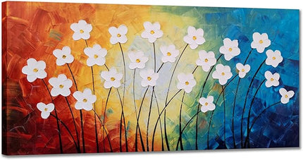 Yihui Arts Hand Painted Textured Flower Canvas Art: Rainbow Hues White Blossoms Abstract Wall Decor for Living Room, Bedroom & Office