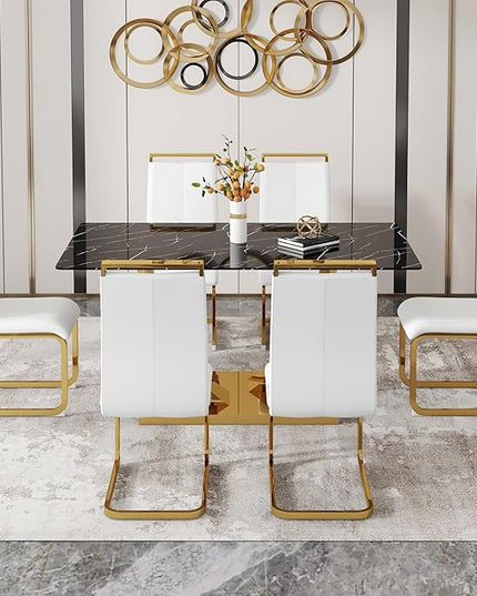 63” Dining Room Table Set for 6,Modern Gold Dining Table Set for 6, Rectangle kitchen Table Set With PU Leather Chairs,Black Faux Marble Dinner Table Set with Tempered Glass Top and Golden Base
