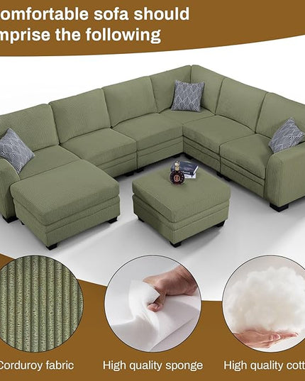 Legend Vansen Oversized Modular Sectional Sofa,8 Seat U Shaped Couch with Ottoman,Corduroy Sofa with Deep Seat,Convertible Large Sectional Couches for Living Room(Olive, U-8)