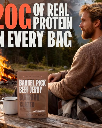 Double Neat Barrel Pick Beef Jerky, Bourbon Glazed, Sweet and Smokey, Gluten-Free, Whiskey-Infused, High-Protein, Healthy Snacks - 2 Ounces Each, Pack of 3