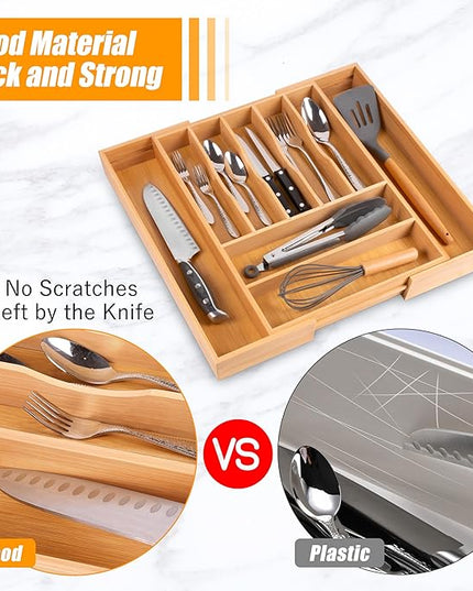 Bellsal Large Premium Bamboo Silverware Organizer - Expandable Utensil Drawer Organizer - 17"x19.6" Utensil Holder and Cutlery Tray with Grooved for Kitchen Flatware and Utensils Mother's Day Gift
