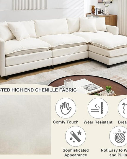 Modular Sectional Sofa,108.27'' Modern Corduroy Sofa Set for Living Room with 3 Seat & 1 Ottoman & 3 Pillows, Comfy Cloud Couches with Movable Ottoman, DIY Combination, Chenille (Beige, L Shaped)