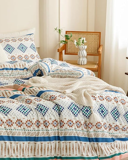 Houseri Colorful Boho Comforter Set Queen Blue Green Plaid Striped Orange Blush Diamonds Geometric Bedding Sets Queen Size Western Bohemian Bed Set Warm Soft Cozy Comfy Rustic Chic Quilt Blanket Queen