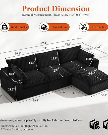 108" Sectional Couches for Living Room Boneless Couch Upholstered Cloud Couch Sectional Modular Sectional Sofa with L Shaped (Corduroy-Black, 3 Seat+1 Ottoman)