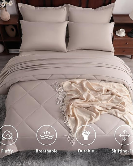 NTBAY Queen Comforter Set with Sheets, 7 Pieces Soft and Breathable Queen Bedding Set, Bed in a Bag, Down Alternative Comforter Set Solid Color All Season, Queen Bedding Set, Taupe