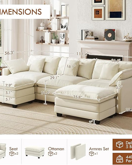 WorthFurni 111.4” Modular Sectional Sofa, U Shape Cloud Couch with 2 Movable Ottoman, Comfy Chenille Deep Seat Sofa with Soft Pillows for Apartment Living Room Bedroom（Beige）