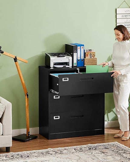 Letaya Lateral 3 Drawer File Cabinets with Lock, Metal Filing Storage Vertical Cabinets,Home Office Furniture for Organization Hanging Letter/Legal/F4/A4(Black)