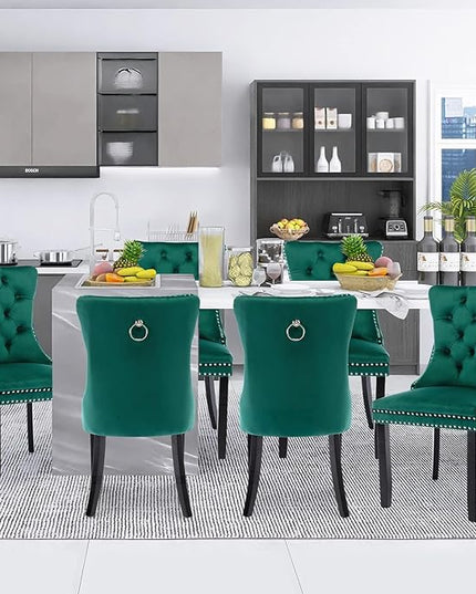 SoarFlash Velvet Dining Chair Set of 8, Upholstered Tufted Dining Room Chair with Nailhead Trim and Solid Wood Leg for Kitchen (Green)