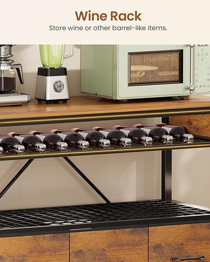 Itaar Bakers Rack with Storage and Power Outlet, 35.4 inch Coffee Bar Cabinet, Microwave Stand Kitchen Cabinet with Hutch, LED Lights, Wine Rack and Hooks, Rustic Brown Rustic Brown