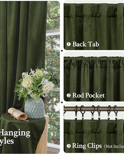 LAMIT Olive Green Velvet Curtains for Living Room 102 Inch Length, Room Darkeing Blackout Panels Luxury Thermal Insulated Back Tab and Rod Pocket Window Drapes for Bedroom, 2 Panels, 52 x 102 Inch