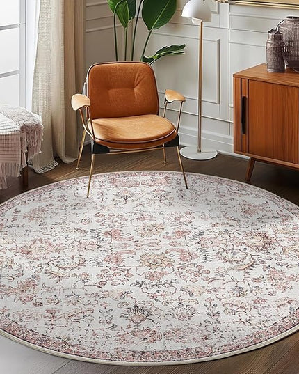 jinchan Kalen Round Rug 8ft Area Rug Washable Vintage Indoor Retro Accent Floor Cover Distressed Floral 8' Round Circle Boho Non Slip Thin Carpet for Living Room Dining Room Bedroom Kitchen Red