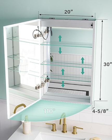 WELLFOR 20" X 30" Medicine Cabinet with Lights, 3X Magnification, Anti-Fog Mirrored Cabinet, Bathroom Vanity Medicine Cabinet with Outlets & USB Ports, Left Opening Door