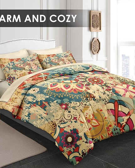 Comforter Set King Size, Vintage Colorful Flower 7 Pcs Bedding for Kids and Adults, Floral Retro Beige Bed Sheet Sets with Fitted Sheet 2 Pillowcases & 2 Shams for Bedroom Bed Decor