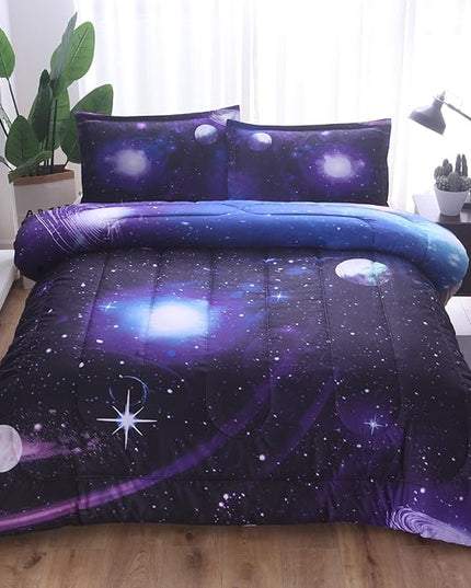 Wowelife Galaxy Comforter Set Full 5 Pieces Bedding Set Blue 3D Galaxy Kids Bedding Set Bed in a Bag for Boys and Girls with Comforter, Flat Sheet, Fitted Sheet and 2 Pillowcases