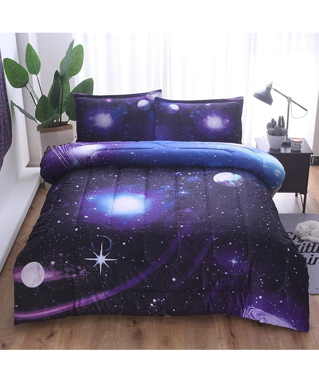 Wowelife Galaxy Comforter Set Full 5 Pieces Bedding Set Blue 3D Galaxy Kids Bedding Set Bed in a Bag for Boys and Girls with Comforter, Flat Sheet, Fitted Sheet and 2 Pillowcases