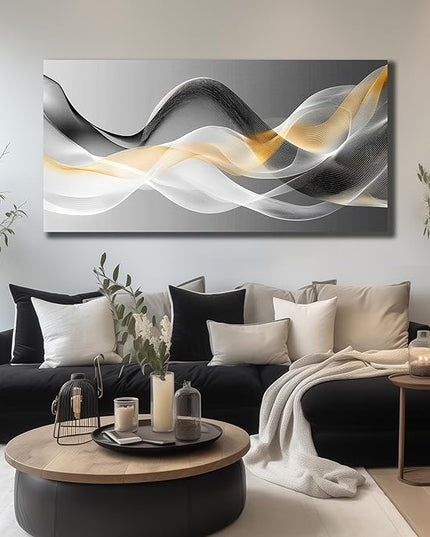 JuhaiArt Abstract Wall Art White Wall Decor for Living Room Office Large Black Canvas Art Picture Gold Artwork 29" x 59" Modern Prints