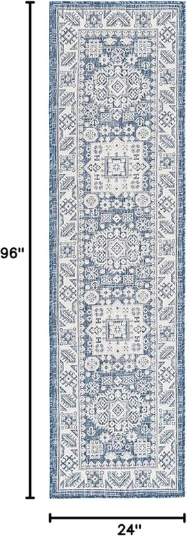 Rugs.com Outdoor Aztec Collection Rug – 8 Ft Runner Blue Flatweave Rug Perfect for Hallways, Entryways