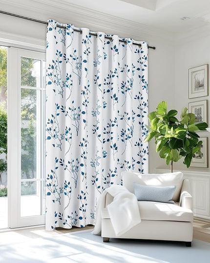 Beauoop Floral 100% Blackout Curtains 84 Inch Length 1 Panel for Patio Sliding Door Extra Wide Navy Blue Flower Patterned Divider Room Darkening Thermal Soundproof Grommet Window Drapes, 100x84, 1 set