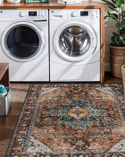Ciicool Area Rug 5x7ft Washable Rugs for Living Room Non-Slip Indoor Rugs Large Low-Pile Mat Floor Carpet Vintage Rug for Bedroom Dinning Foyer Decor (Brick Red/Dull Teal)