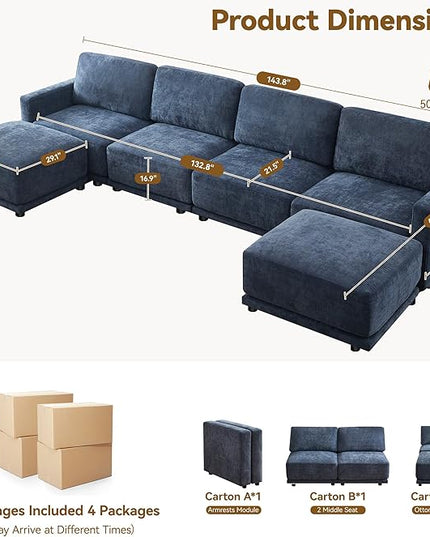 143.8" Modular Sectional Sofa Modern Chenille U Shaped Couch with Thickened Seat Cushions, Easy Assembly, Upholstered 6 Seater Couch with 2 Movable Ottomans for Living Room, Blue