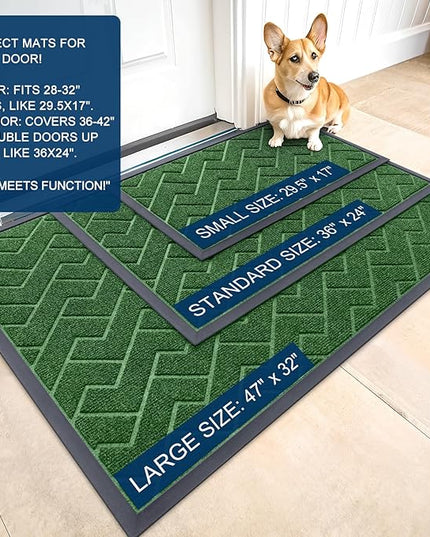 OLANLY Front Door Mat Indoor Outdoor Entrance, Waterproof All-Season, All-Weather Doormat, Sturdy Natural Rubber, Low Profile, Easy Clean Patio Porch Entryway Mat, Herringbone Brick (Green, 71x23)