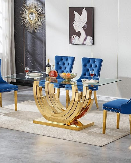 Henf 5-Piece Glass Dining Table Set with 4 Upholstered Dining Chairs,Large Glass Dining Room Table Set for 4, Modern Kitchen Table Furniture for Dining Room, Gold Dining Table and Chair Set for 4