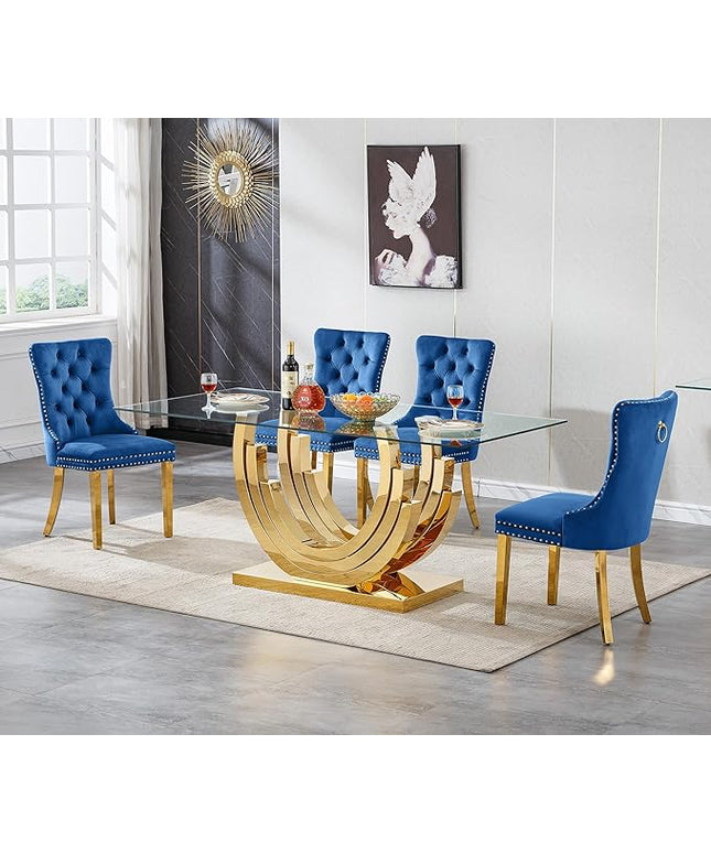 Henf 5-Piece Glass Dining Table Set with 4 Upholstered Dining Chairs,Large Glass Dining Room Table Set for 4, Modern Kitchen Table Furniture for Dining Room, Gold Dining Table and Chair Set for 4