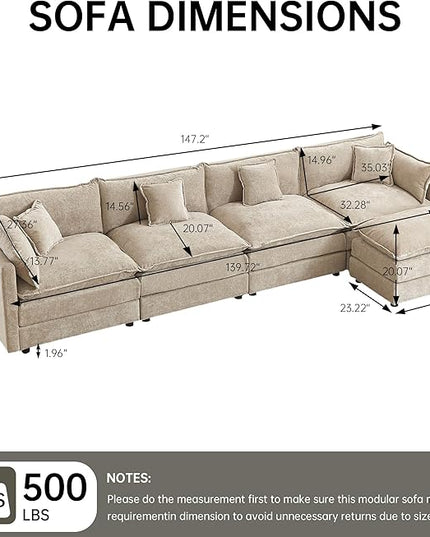 Modular Sectional Sofa, 147.2 Inch L Shaped Couch Set with Armrests, 4-Seater Comfy Cloud Couches with Movable Ottoman for Living Room Apartment, Coffee