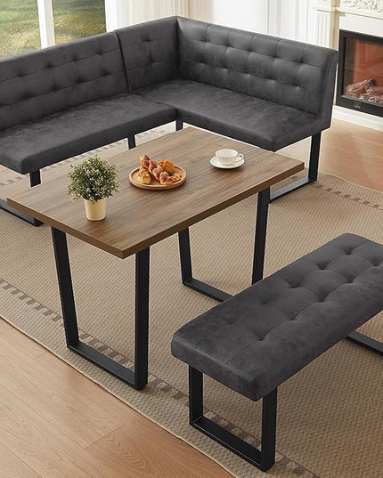 3-Piece Corner Dining Table Set with Bench, 70 Inch Space-Saving Breakfast Nook for Kitchen & Dining Room(Walnut Table & L-Seat Grey Bench)
