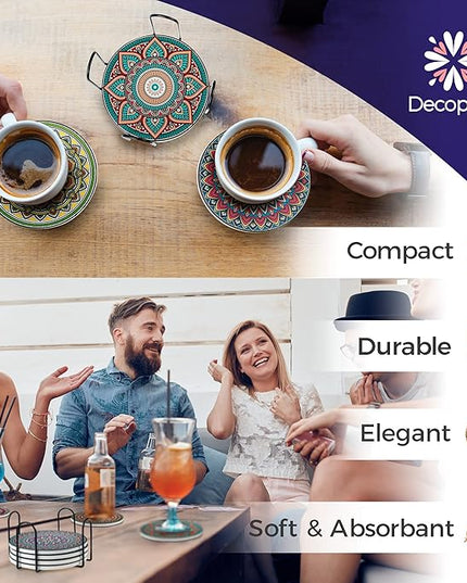 Mandala Drink Coasters with Holder - 8 Set Ceramic Boho Coaster for Drinks Absorbent with Cork Base and Black Holder - Coasters for Coffee Table Apartment Wooden Bar Mugs Glasses Cup Beer