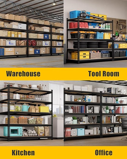 48" W x 24" D x 72" H Garage Shelving Heavy Duty: 5 Tier Metal Storage Shelves - Adjustable Shelving Unit, Utility Rack Shelf for Pantry, Warehouse, Office, Kitchen, Black, 2PCS