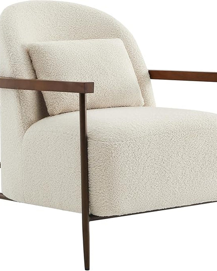 CHITA Accent Chair for Living Room, FSC Certified Modern Upholstered Faux Sherpa Fabric Armchair with Metal Frame and Wooden Armrests, Ivory