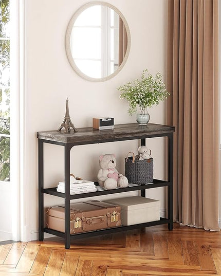 32" Small Console Table with Storage, 3-Tier Narrow Entryway Table, Sturdy Sofa Table with Mesh Shelves, Console Tables for Living Room, Bedroom, Hallway, Entryway, Foyer, Oak Grey