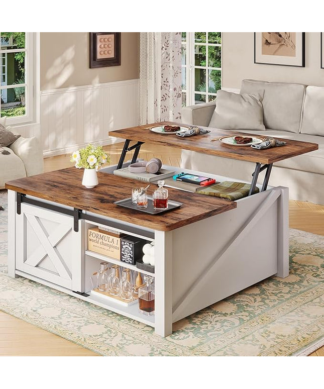 SEDETA 31.5" Lift Top Coffee Table with Storage, Square Coffee Tables for Living Room, Farmhouse Coffee Table with Large Hidden Storage Compartment and Adjustable Shelves, White