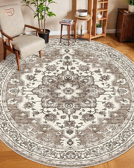 Washable Oriental Area Rug - 9ft Round Rugs for Living Room Soft Carpet for Bedroom Waterproof Floral Distressed Indoor Stain Resistant Non-Shedding Floor Carpets (Beige, 9ft-Round)
